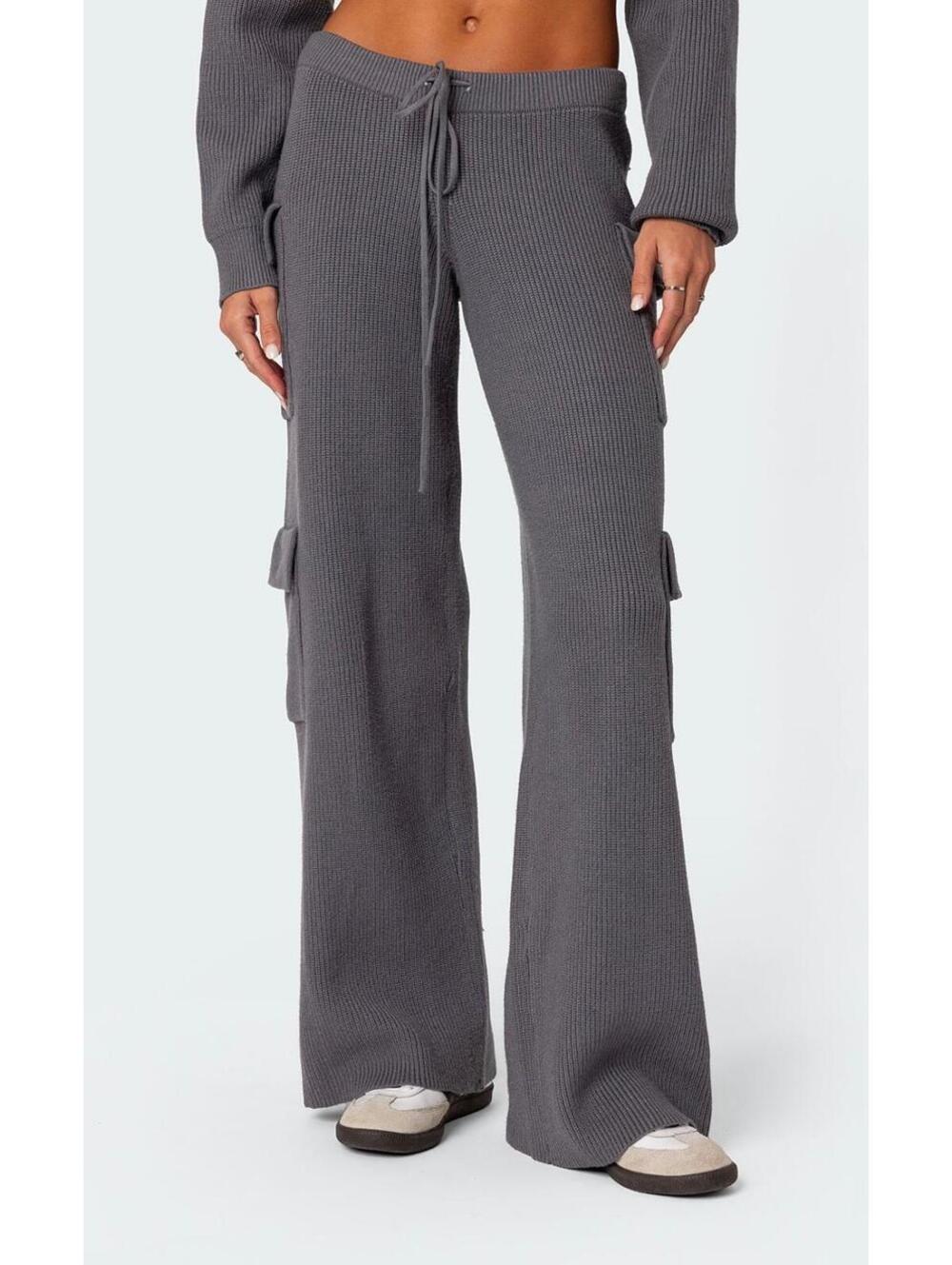 Edikted Gray Knit Cargo Pants with Drawstring Waist
